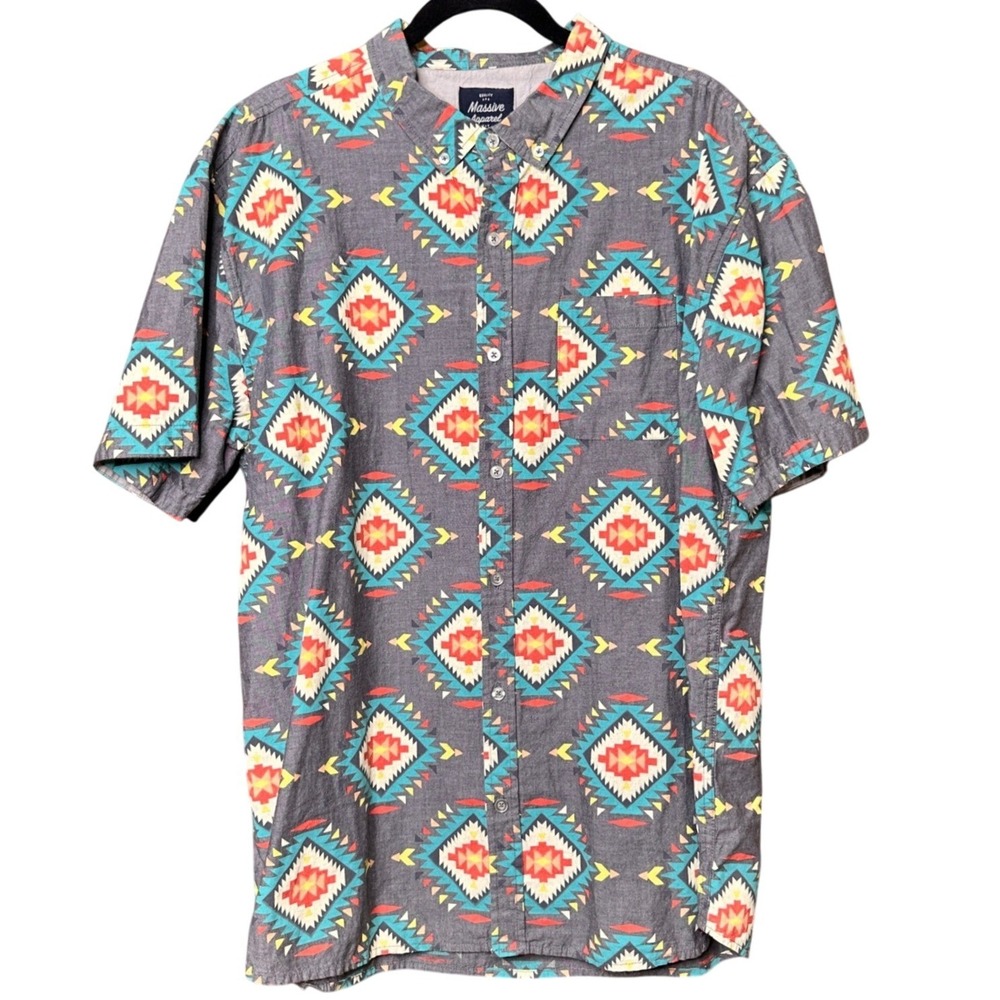 Western Aztec Massive Apparel Mens XXL Button Up Short Sleeve Gray Print Shirt